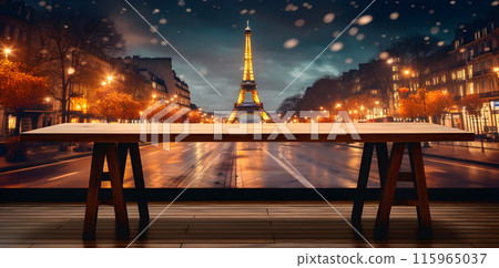 empty wooden table, city view, city background, blurred golden lights, free space, evening city, date night 115965037