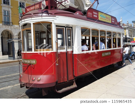 Hills Tramcar Tour, red street car for touristic sightseeing in Lisbon, Portugal Hills Tramcar Tour, red street car for touristic sightseeing in Lisbon, Portugal 115965435