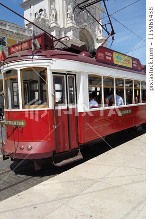 Hills Tramcar Tour, red street car for touristic sightseeing in Lisbon, Portugal Hills Tramcar Tour, red street car for touristic sightseeing in Lisbon, Portugal 115965438