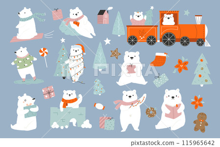 Set of winter holiday polar bears. Hand drawn vector illustrations of adorable characters 115965642