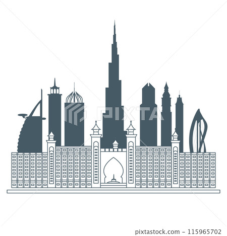 United Arab Emirates skyscrapers silhouette. Dubai buildings, hotels and symbol vector illustration. Dubai city skyline. Towers and landmarks cityscape. Camel. Design for banner, poster or print. 115965702