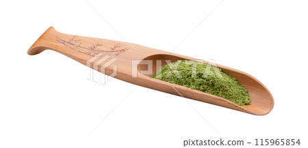 matcha green tea powder in wood spoon on white background 115965854