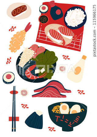 A set of asian food. Asian meal and dish. Cooking rice, shrimp and noodles. A set of asian food. Asian meal and dish. Cooking rice, shrimp and noodles. 115966175
