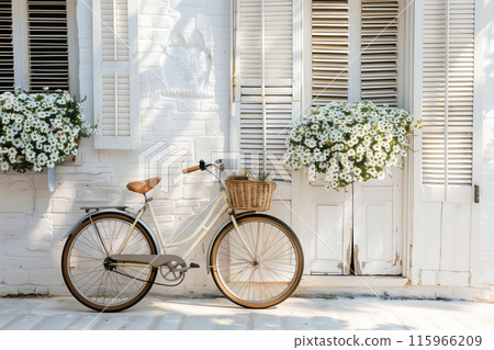 Vintage bicycle with basket of flowers against old house, calm concept 115966209