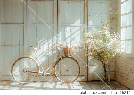 Vintage bicycle with basket of flowers against old house, calm concept Vintage bicycle with basket of flowers against old house, calm concept 115966215