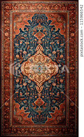 Persian carpet in red blue color with antique pattern on the floor top view 115966542