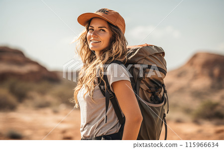 Portrait of an actively engaged strong woman with a backpack on a hiking trip in the mountains 115966634