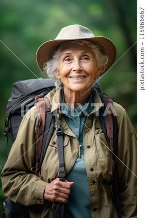 Elderly senior woman with backpack hiking in the mountains, strong woman concept 115966667