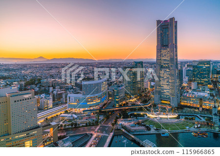Yokohama cityscape in Japan - View of the city of Yokohama, Minato Mirai, Mt. Fuji (back left), Sakuragicho Station, ropeway, Nippon Maru, etc. Yokohama cityscape in Japan - View of the city of Yokohama, Minato Mirai, Mt. Fuji (back left), Sakuragicho Station, ropeway, Nippon Maru, etc. 115966865