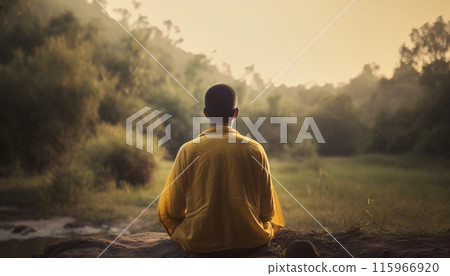 Mental health care concept, man meditating sitting in the forest, AI generated 115966920