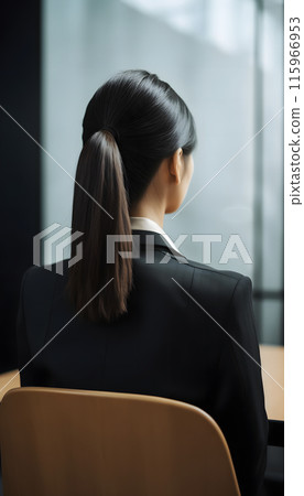 Back view of a woman in a suit waiting for interrogation or job interview, generated AI 115966953