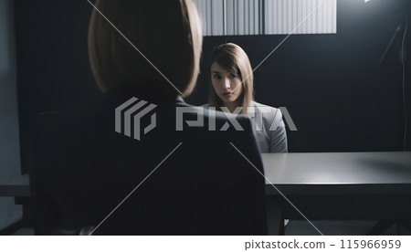 Back view woman being interrogated in the police interrogation room, generated AI 115966959