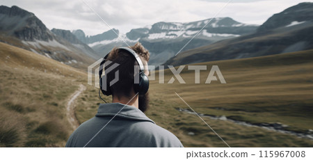 Back view Man in headphones in the mountains in nature meditates, relaxes and takes care of mental health, AI generated 115967008