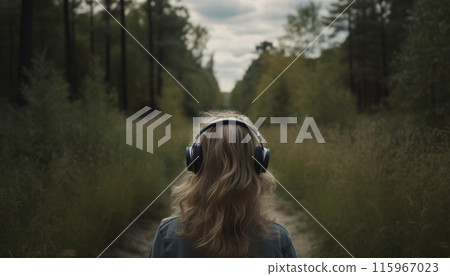Back view woman in headphones in nature meditates, relaxes and takes care of mental health, AI generated 115967023