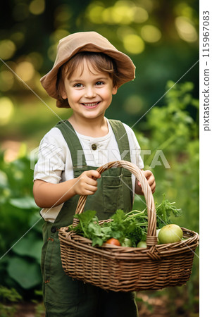 Autumn harvest concept, Happy little child boy gardener in the backyard with a basket of fresh vegetables in his hands 115967083