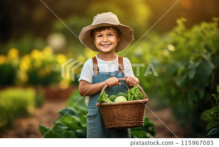 Happy little child boy gardener with harvested vegetables in a basket in the backyard, Autumn harvest concept 115967085