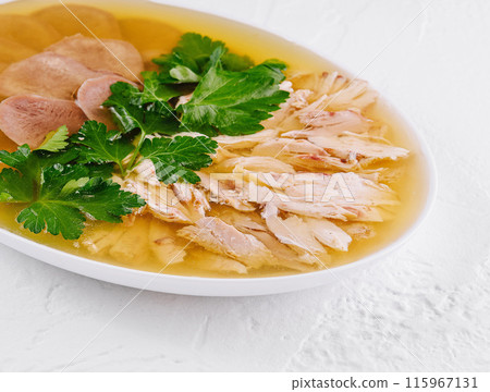 Homemade chicken aspic with parsley and slices of bread Homemade chicken aspic with parsley and slices of bread 115967131