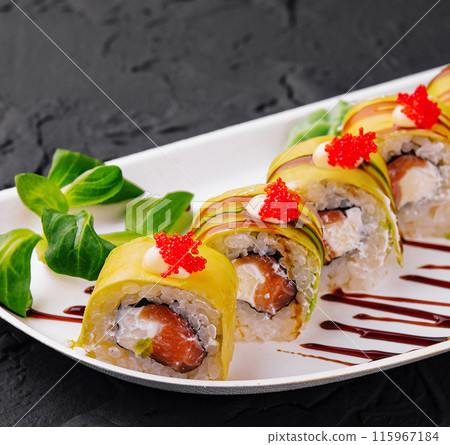 Gourmet sushi roll with salmon and roe Gourmet sushi roll with salmon and roe 115967184