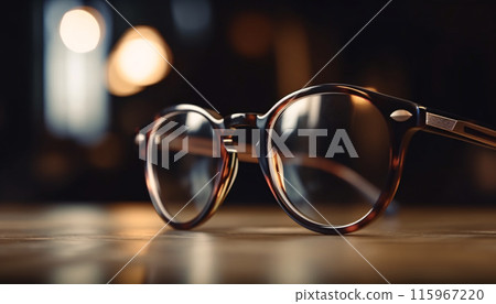 Frame glasses animal print leopard or tiger on the table on a blurred background. Generative AI 115967220