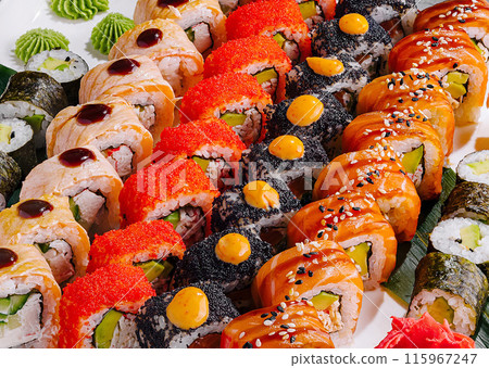 Gourmet sushi platter top view close up 115967247