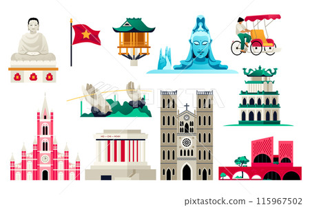 Buddhist temples and Catholic architecture - flat design style objects set 115967502