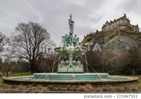View of Ross Fountain with Edinburgh Castle at Princes Street Garden. 115967581