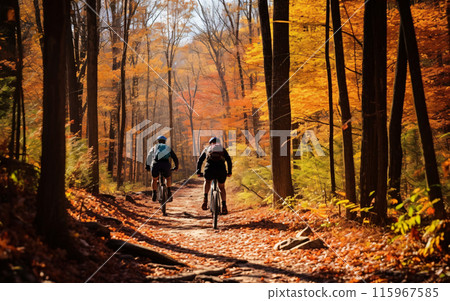 Wellness and sport activity in autumn, Two cyclists riding along an autumn forest road, back view Wellness and sport activity in autumn, Two cyclists riding along an autumn forest road, back view 115967585