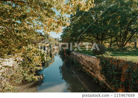 A wooden bridge in the park with and autumn colors of Bietigheim-Bissingen, Germany. Europe. Autumn landscape in nature. Autumn colors in the forest. autumn view with wooden bridge over stream in the 115967689