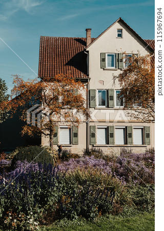 House with nice garden in fall. Flowers in the City Park of Bietigheim-Bissingen, Baden-Wuerttemberg, Germany, Europe. Autumn Park and house, nobody, bush and grenery House with nice garden in fall. Flowers in the City Park of Bietigheim-Bissingen, Baden-Wuerttemberg, Germany, Europe. Autumn Park and house, nobody, bush and grenery 115967694