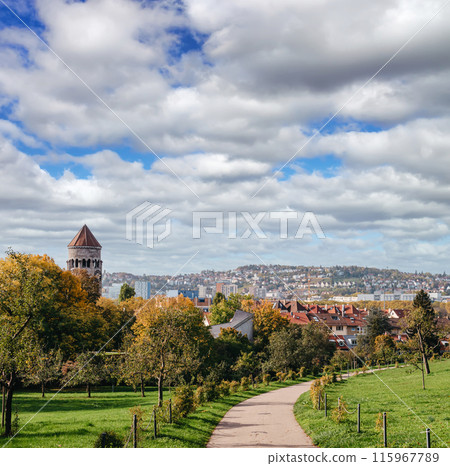 Germany, Stuttgart panorama view. Beautiful houses in autumn, Sky and nature landscape. Vineyards in Stuttgart - colorful wine growing region in the south of Germany with view over Neckar Valley Germany, Stuttgart panorama view. Beautiful houses in autumn, Sky and nature landscape. Vineyards in Stuttgart - colorful wine growing region in the south of Germany with view over Neckar Valley 115967789