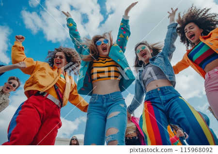 Friends Celebrate Under Blue Sky 115968092