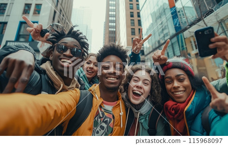 Friends Taking Selfie in City 115968097