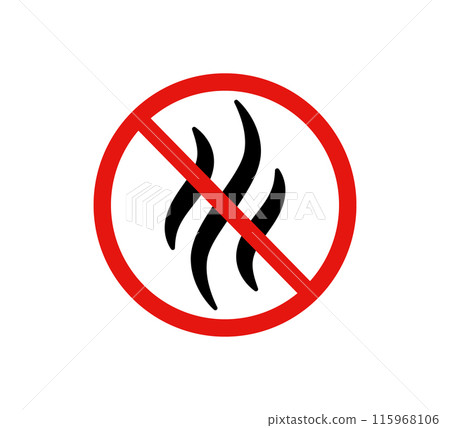 Anti bad smell icon. Odor control label. Forbidden flavors symbol. Strong flavors are not allowed. Deodorant sign. No perfume icon. Forbidden smoke. Vector illustration isolated on white background 115968106