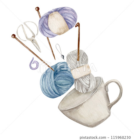 composition with cup, balls of yarn, single pointed needles, crochet, stitch markers and scissors 115968230