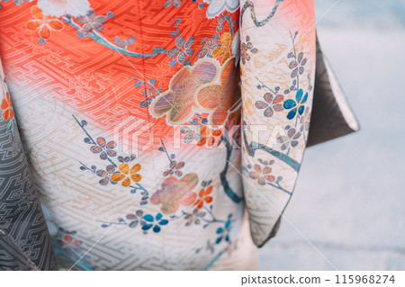 A rear view of a woman wearing a kimono 115968274