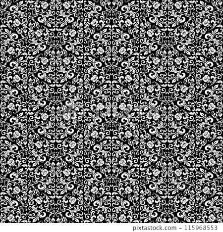 Floral pattern. Vintage wallpaper in the Baroque style. Seamless vector background. White and black ornament for fabric, wallpaper, packaging. Ornate Damask flower ornament. 115968553