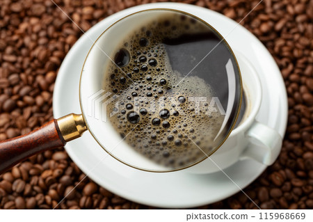 Espresso under a magnifying glass. Espresso under a magnifying glass. 115968669