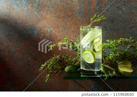 Gin and Tonic with ice, lime, cucumber, and juniper. Gin and Tonic with ice, lime, cucumber, and juniper. 115968680