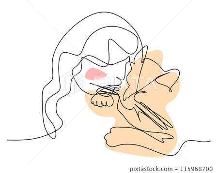 Woman hugging cat One line art vector illustration with Abstract color Shapes. Hand drawn Portrait of Girl holding a kitty. Female and Domestic pet black Continuous drawing silhouette for Decoration Woman hugging cat One line art vector illustration with Abstract color Shapes. Hand drawn Portrait of Girl holding a kitty. Female and Domestic pet black Continuous drawing silhouette for Decoration 115968700