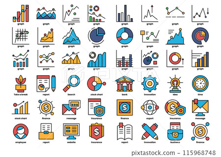 A collection of colorful icons and graphics, including a clock, a dollar sign 115968748