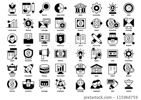 A collection of black and white icons for various financial services 115968759