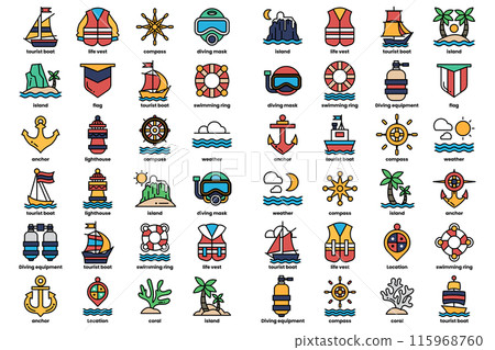 A collection of ocean-themed icons, including boats, life preservers 115968760