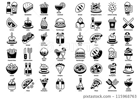A collection of food icons, including pizza, hamburgers, and sandwiches 115968763