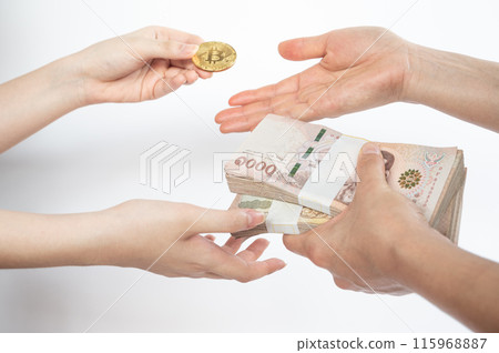 Cropped shot of people hands trading bitcoin token with Thai baht banknotes isolated on white background. Conceptual shot of financial and economic. 115968887