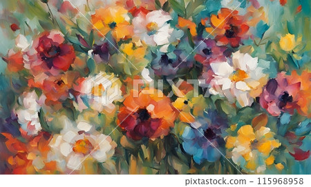 Abstract painting in Impressionist style featuring flowers, capturing the vibrant colors and fluid brushstrokes characteristic of the movement. AI Generated 115968958