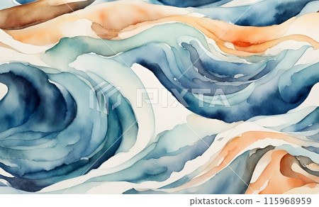 Watercolor painting of a sea and ocean layer wave background, showcasing fluid motion and vibrant hues, creating a serene and dynamic aquatic scene. AI Generated 115968959