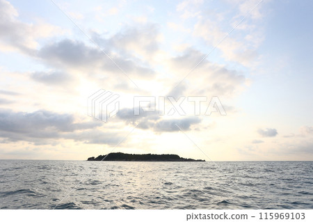 The island is surrounded by the black sea in the evening and the sky is black and orange. 115969103