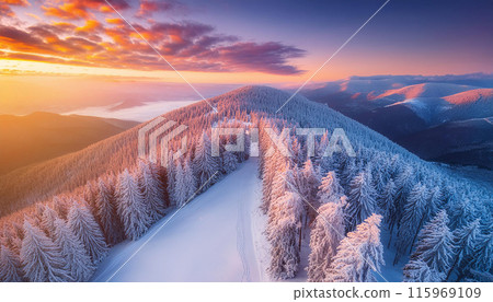 Sunrise Over Snow-Covered Peaks A breathtaking winter landscape at sunrise, showcasing AI artistic prowess. Generative AI. 115969109