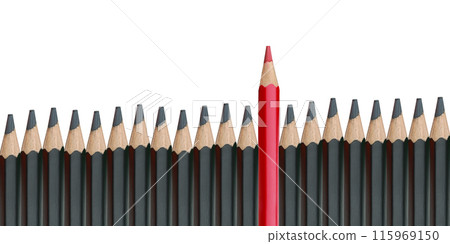 Black pencils they are arranged together and have Red Crayons is higher stacked on a white background. Black pencils they are arranged together and have Red Crayons is higher stacked on a white background. 115969150