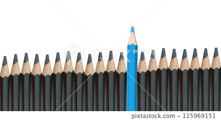 Black pencils they are arranged together and have blue Crayons is higher stacked on a white background. Black pencils they are arranged together and have blue Crayons is higher stacked on a white background. 115969151